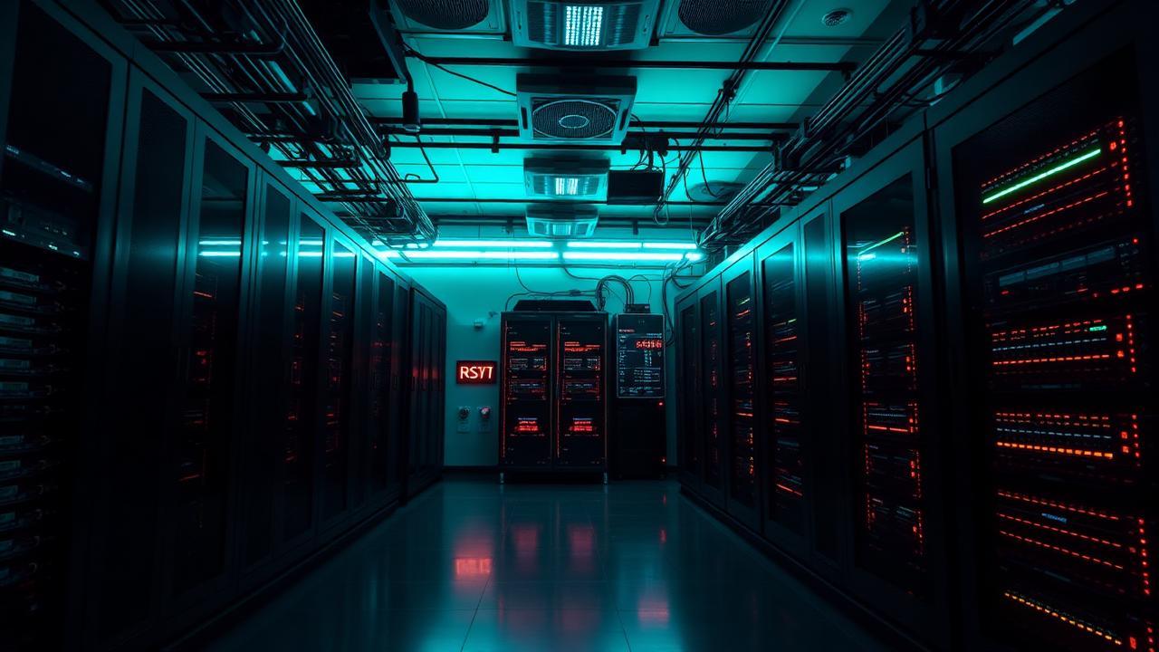 Abstract server room with glowing teal light paths
